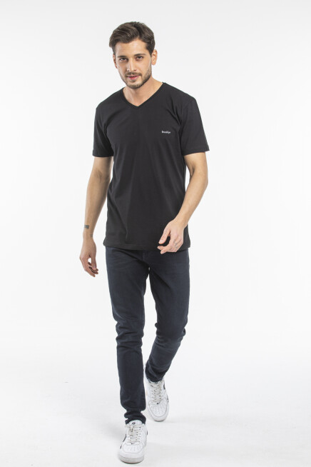 Süperlife Erkek V Yaka Slim Fit Brooklyn Baskılı Kısa Kollu Tişort SPR 265