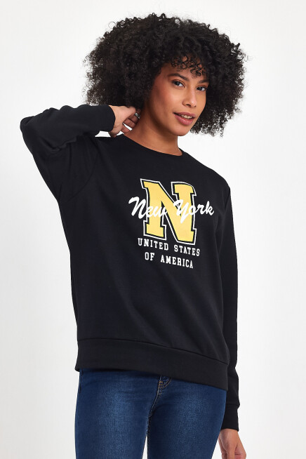Süperlife Kadın Bisiklet Yaka Rahat Kalıp İçi Polarlı 3 İplik Kalın N Baskılı Sweatshirt SPR24SWK25