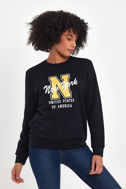 Süperlife Kadın Bisiklet Yaka Rahat Kalıp İçi Polarlı 3 İplik Kalın N Baskılı Sweatshirt SPR24SWK25