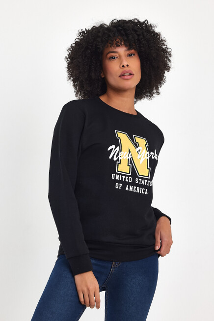 Süperlife Kadın Bisiklet Yaka Rahat Kalıp İçi Polarlı 3 İplik Kalın N Baskılı Sweatshirt SPR24SWK25