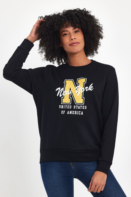 Süperlife Kadın Bisiklet Yaka Rahat Kalıp İçi Polarlı 3 İplik Kalın N Baskılı Sweatshirt SPR24SWK25