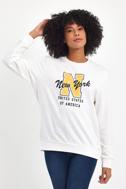 Süperlife Kadın Bisiklet Yaka Rahat Kalıp İçi Polarlı 3 İplik Kalın N Baskılı Sweatshirt SPR24SWK25
