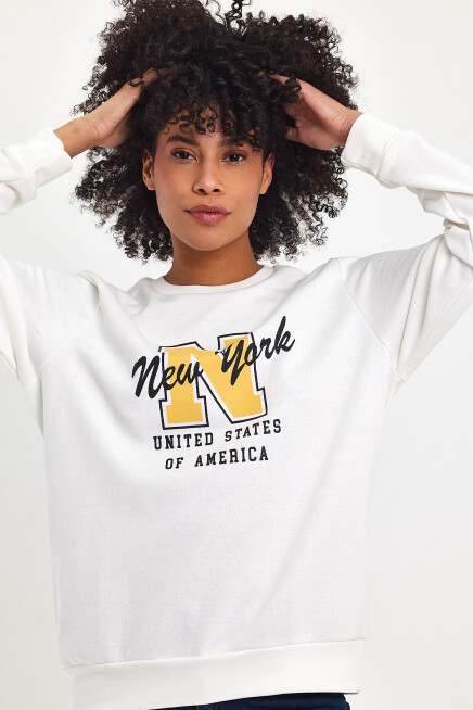 Süperlife Kadın Bisiklet Yaka Rahat Kalıp İçi Polarlı 3 İplik Kalın N Baskılı Sweatshirt SPR24SWK25