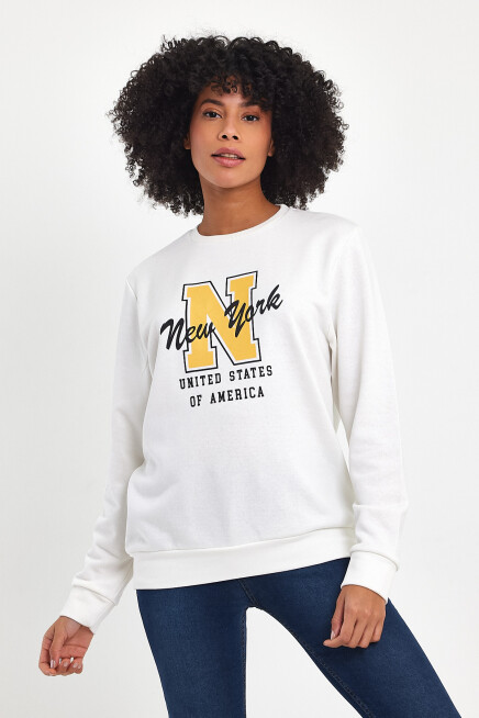 Süperlife Kadın Bisiklet Yaka Rahat Kalıp İçi Polarlı 3 İplik Kalın N Baskılı Sweatshirt SPR24SWK25