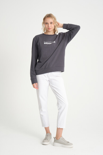 Kadın Bisiklet Yaka Oversize Fit Brooklyn Baskılı İnce Sweatshirt SPR23SWK330