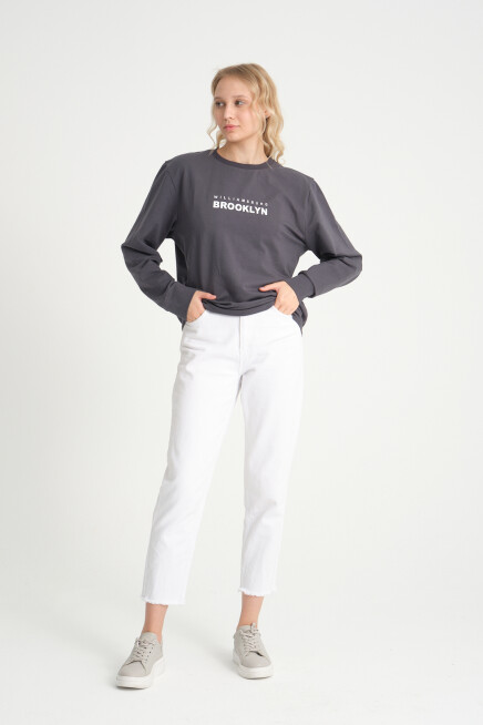 Süperlife Kadın Bisiklet Yaka Oversize Fit Brooklyn Baskılı İnce Sweatshirt SPR23SWK330