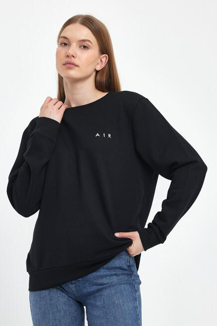 Süperlife Kadın Bisiklet Yaka Rahat Kalıp 3 iplik Kalın Air Nakışlı Sweatshirt SPR24SWK33