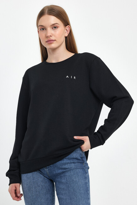 Süperlife Kadın Bisiklet Yaka Rahat Kalıp 3 iplik Kalın Air Nakışlı Sweatshirt SPR24SWK33