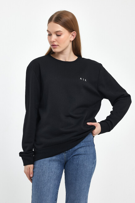Süperlife Kadın Bisiklet Yaka Rahat Kalıp 3 iplik Kalın Air Nakışlı Sweatshirt SPR24SWK33