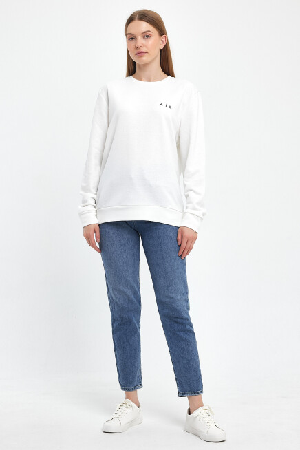 Süperlife Kadın Bisiklet Yaka Rahat Kalıp 3 iplik Kalın Air Nakışlı Sweatshirt SPR24SWK33