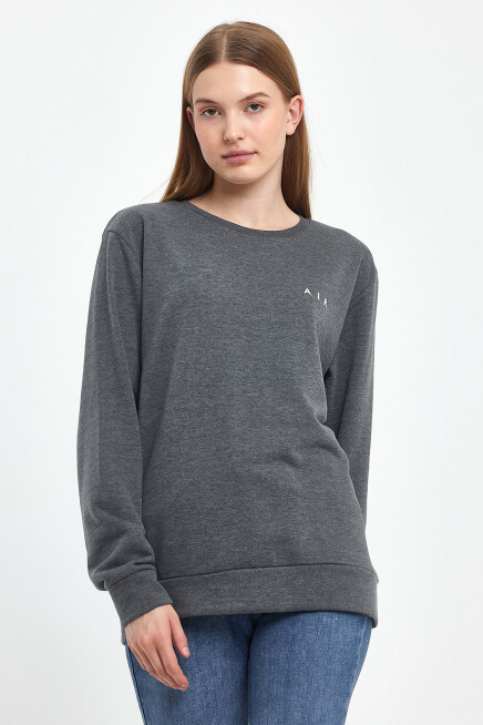 Süperlife Kadın Bisiklet Yaka Rahat Kalıp 3 iplik Kalın Air Nakışlı Sweatshirt SPR24SWK33