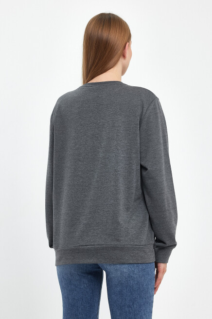 Süperlife Kadın Bisiklet Yaka Rahat Kalıp 3 iplik Kalın Air Nakışlı Sweatshirt SPR24SWK33
