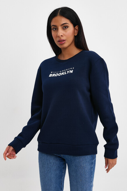 Süperlife Kadın Bisiklet Yaka Rahat Kalıp 3 iplik Kalın Brooklyn Baskılı Sweatshirt SPR24swk29