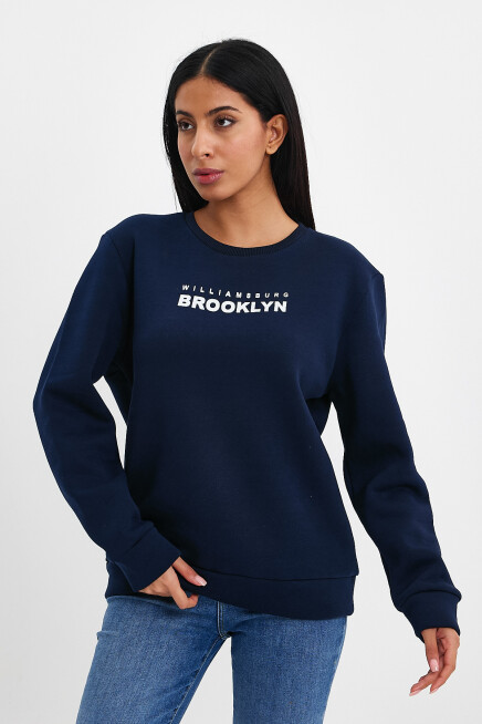 Süperlife Kadın Bisiklet Yaka Rahat Kalıp 3 iplik Kalın Brooklyn Baskılı Sweatshirt SPR24swk29