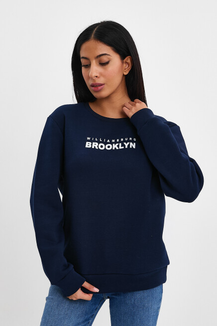 Kadın Bisiklet Yaka Rahat Kalıp 3 iplik Kalın Brooklyn Baskılı Sweatshirt SPR24swk29