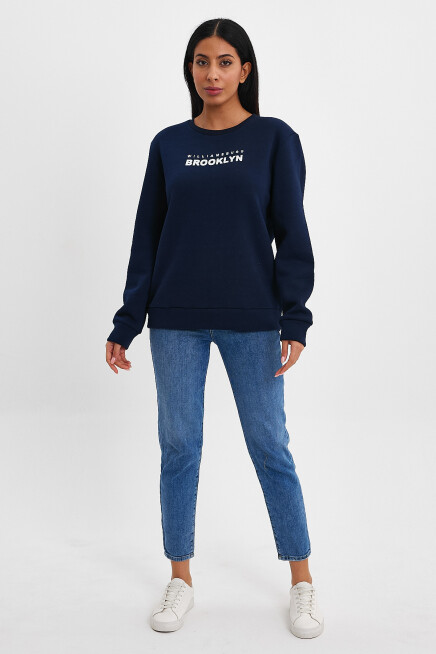 Süperlife Kadın Bisiklet Yaka Rahat Kalıp 3 iplik Kalın Brooklyn Baskılı Sweatshirt SPR24swk29