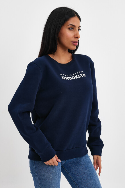 Süperlife Kadın Bisiklet Yaka Rahat Kalıp 3 iplik Kalın Brooklyn Baskılı Sweatshirt SPR24swk29