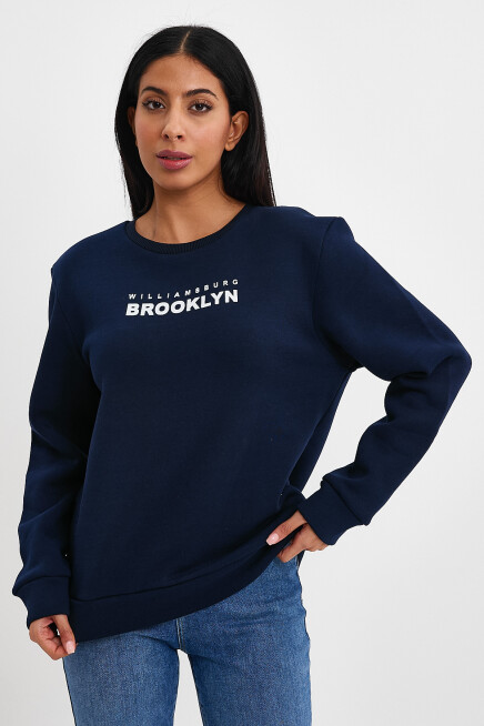 Süperlife Kadın Bisiklet Yaka Rahat Kalıp 3 iplik Kalın Brooklyn Baskılı Sweatshirt SPR24swk29