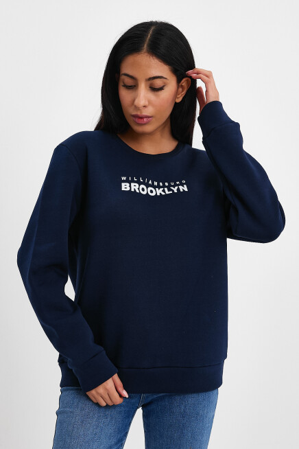 Süperlife Kadın Bisiklet Yaka Rahat Kalıp 3 iplik Kalın Brooklyn Baskılı Sweatshirt SPR24swk29