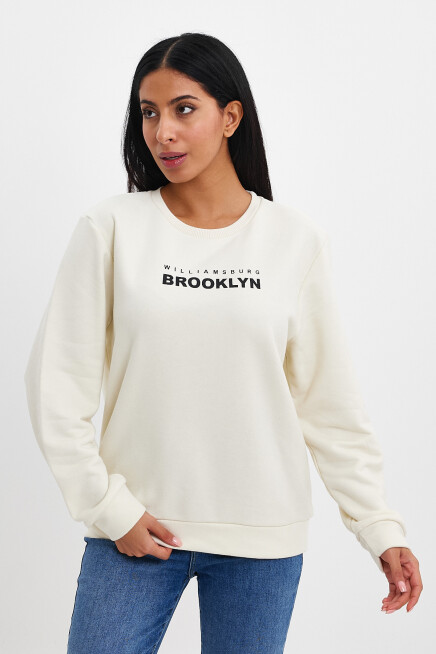 Kadın Bisiklet Yaka Rahat Kalıp 3 iplik Kalın Brooklyn Baskılı Sweatshirt SPR24swk29