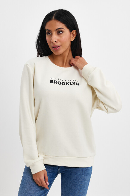 Kadın Bisiklet Yaka Rahat Kalıp 3 iplik Kalın Brooklyn Baskılı Sweatshirt SPR24swk29