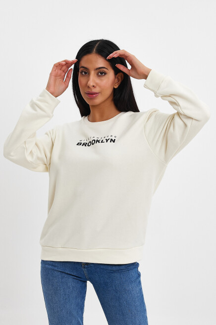Süperlife Kadın Bisiklet Yaka Rahat Kalıp 3 iplik Kalın Brooklyn Baskılı Sweatshirt SPR24swk29