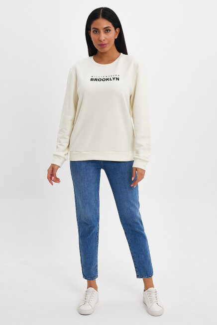 Süperlife Kadın Bisiklet Yaka Rahat Kalıp 3 iplik Kalın Brooklyn Baskılı Sweatshirt SPR24swk29