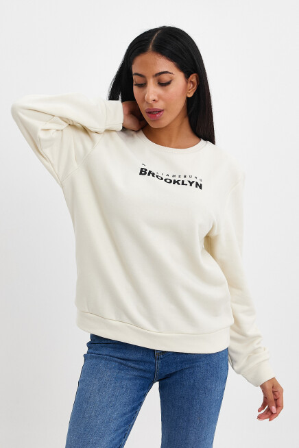 Süperlife Kadın Bisiklet Yaka Rahat Kalıp 3 iplik Kalın Brooklyn Baskılı Sweatshirt SPR24swk29