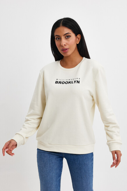 Kadın Bisiklet Yaka Rahat Kalıp 3 iplik Kalın Brooklyn Baskılı Sweatshirt SPR24swk29