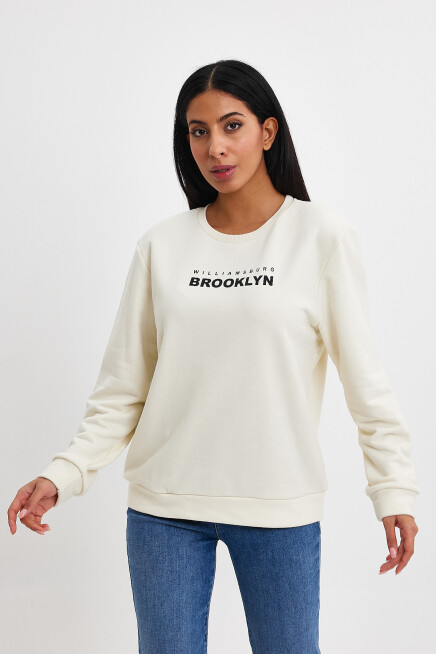Süperlife Kadın Bisiklet Yaka Rahat Kalıp 3 iplik Kalın Brooklyn Baskılı Sweatshirt SPR24swk29
