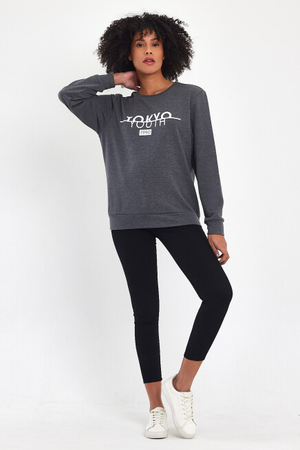 Süperlife Kadın Bisiklet Yaka Rahat Kalıp 3 iplik Kalın Tokyo Baskılı  Sweatshirt SPR24SWk30