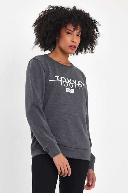 Süperlife Kadın Bisiklet Yaka Rahat Kalıp 3 iplik Kalın Tokyo Baskılı  Sweatshirt SPR24SWk30