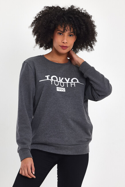 Süperlife Kadın Bisiklet Yaka Rahat Kalıp 3 iplik Kalın Tokyo Baskılı  Sweatshirt SPR24SWk30