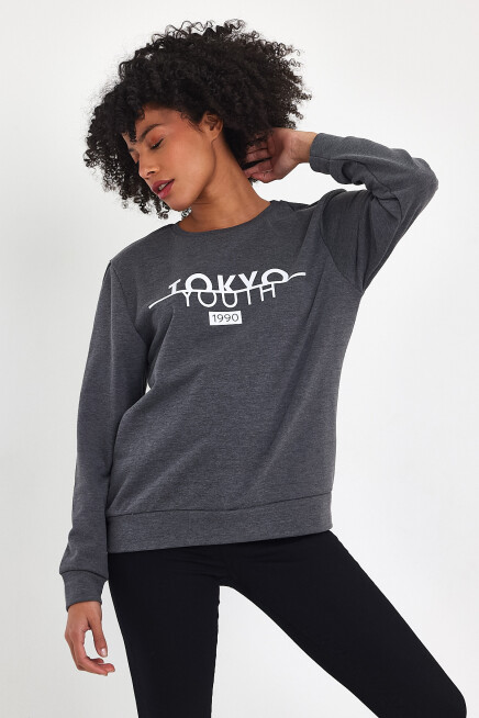 Süperlife Kadın Bisiklet Yaka Rahat Kalıp 3 iplik Kalın Tokyo Baskılı  Sweatshirt SPR24SWk30