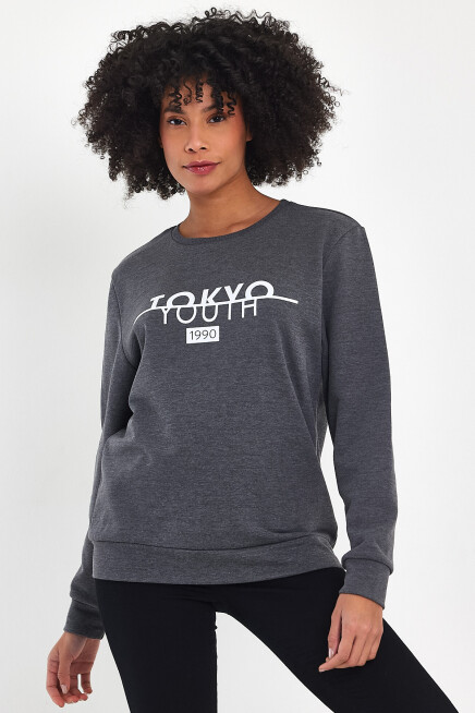 Süperlife Kadın Bisiklet Yaka Rahat Kalıp 3 iplik Kalın Tokyo Baskılı  Sweatshirt SPR24SWk30