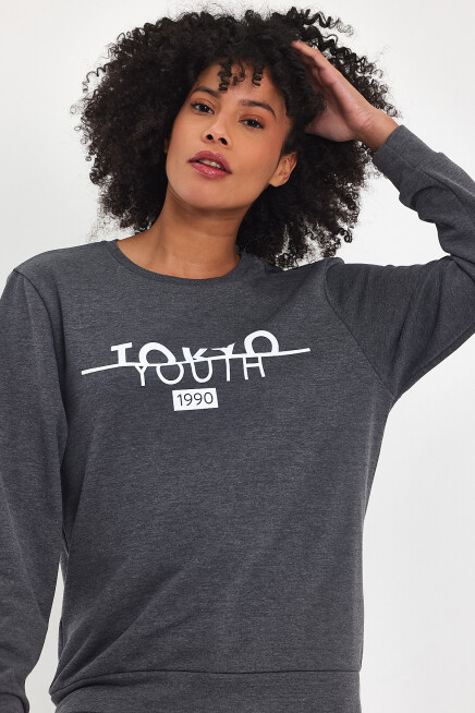 Süperlife Kadın Bisiklet Yaka Rahat Kalıp 3 iplik Kalın Tokyo Baskılı  Sweatshirt SPR24SWk30