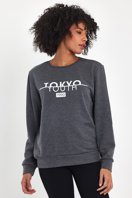 Süperlife Kadın Bisiklet Yaka Rahat Kalıp 3 iplik Kalın Tokyo Baskılı  Sweatshirt SPR24SWk30