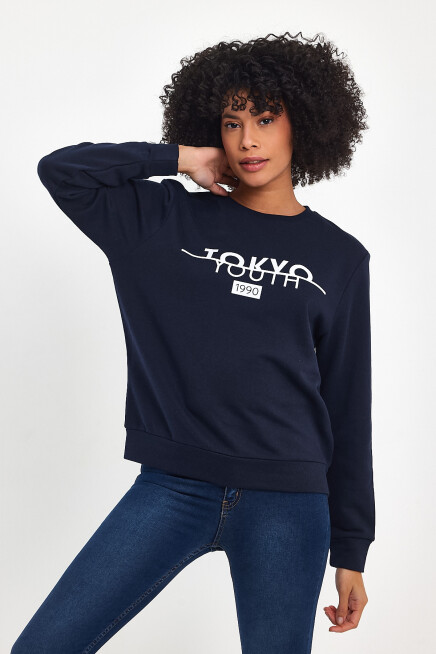 Süperlife Kadın Bisiklet Yaka Rahat Kalıp 3 iplik Kalın Tokyo Baskılı  Sweatshirt SPR24SWk30