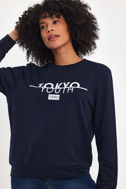 Süperlife Kadın Bisiklet Yaka Rahat Kalıp 3 iplik Kalın Tokyo Baskılı  Sweatshirt SPR24SWk30