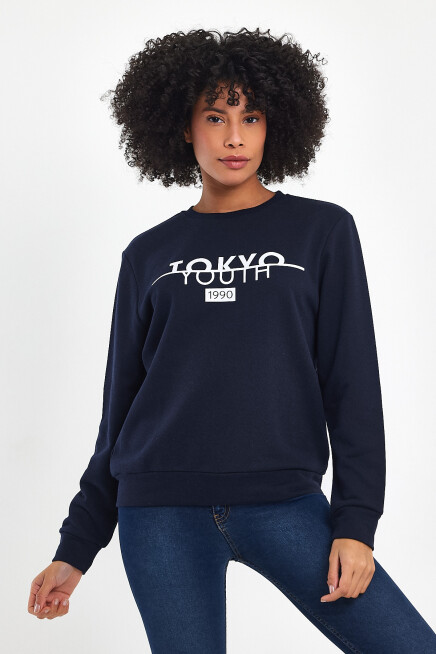 Süperlife Kadın Bisiklet Yaka Rahat Kalıp 3 iplik Kalın Tokyo Baskılı  Sweatshirt SPR24SWk30