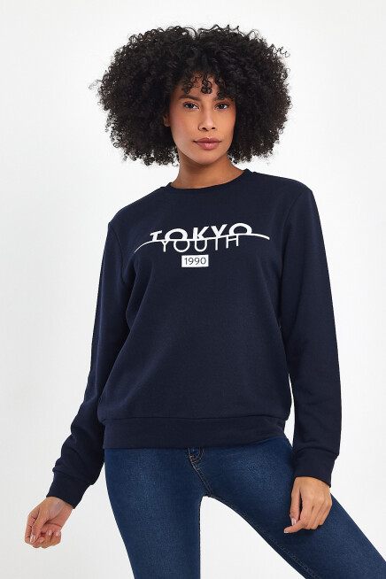 Kadın Bisiklet Yaka Rahat Kalıp 3 iplik Kalın Tokyo Baskılı  Sweatshirt SPR24SWk30