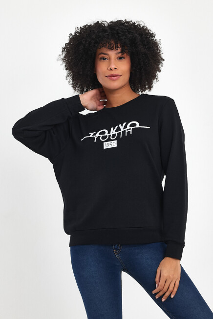 Süperlife Kadın Bisiklet Yaka Rahat Kalıp 3 iplik Kalın Tokyo Baskılı  Sweatshirt SPR24SWk30