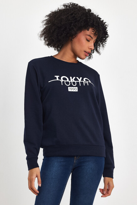 Süperlife Kadın Bisiklet Yaka Rahat Kalıp 3 iplik Kalın Tokyo Baskılı  Sweatshirt SPR24SWk30
