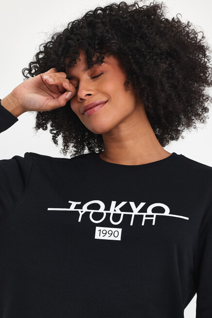 Süperlife Kadın Bisiklet Yaka Rahat Kalıp 3 iplik Kalın Tokyo Baskılı  Sweatshirt SPR24SWk30