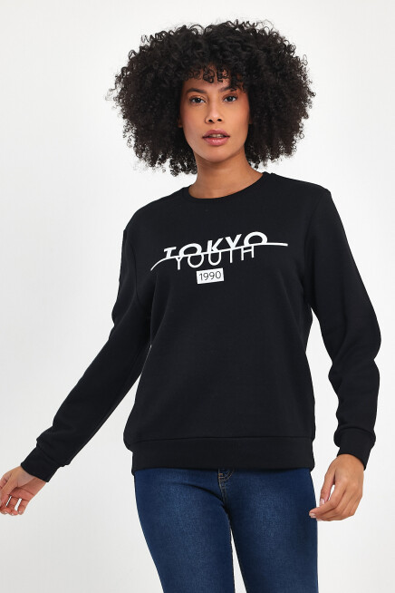 Süperlife Kadın Bisiklet Yaka Rahat Kalıp 3 iplik Kalın Tokyo Baskılı  Sweatshirt SPR24SWk30