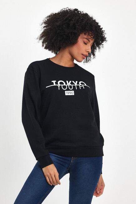 Süperlife Kadın Bisiklet Yaka Rahat Kalıp 3 iplik Kalın Tokyo Baskılı  Sweatshirt SPR24SWk30