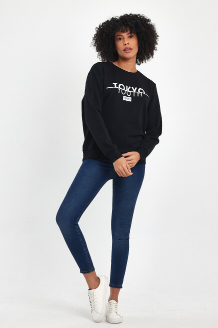 Süperlife Kadın Bisiklet Yaka Rahat Kalıp 3 iplik Kalın Tokyo Baskılı  Sweatshirt SPR24SWk30