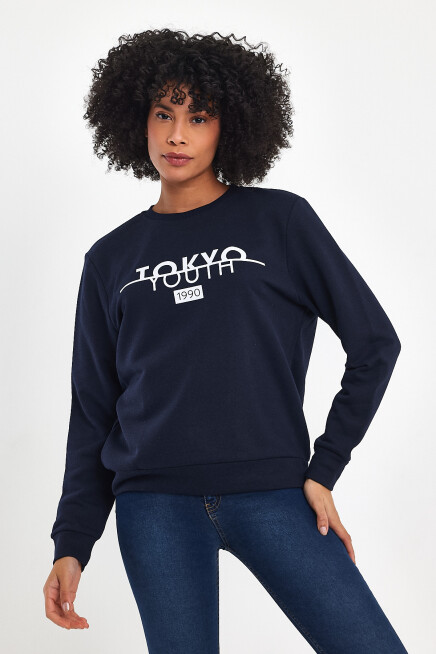 Süperlife Kadın Bisiklet Yaka Rahat Kalıp 3 iplik Kalın Tokyo Baskılı  Sweatshirt SPR24SWk30