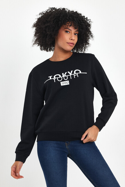 Süperlife Kadın Bisiklet Yaka Rahat Kalıp 3 iplik Kalın Tokyo Baskılı  Sweatshirt SPR24SWk30