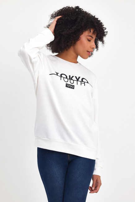 Süperlife Kadın Bisiklet Yaka Rahat Kalıp 3 iplik Kalın Tokyo Baskılı  Sweatshirt SPR24SWk30